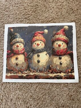 Festive Three Snowmen Canvas Art - Red, Cream, Blue Accents